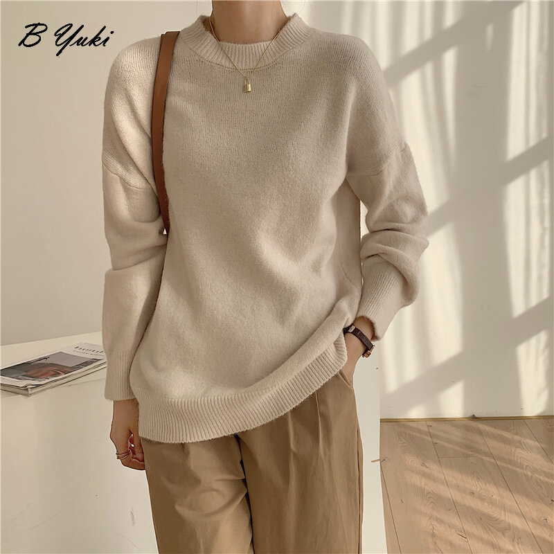 Bessyuki Sweater Pullover Rajutan Solid Ukuran Besar Sweater Hangat Leher-o Longgar Kasual Wanita Jumper Lembut Korea Semua Cocok