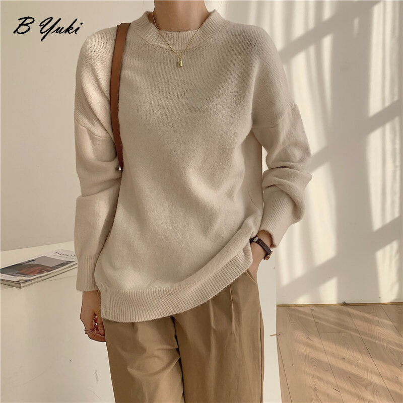 Blessyuki Oversized Effen Gebreide Truien Trui Vrouwen Casual Losse O-hals Warme Trui Vrouwelijke Alle-Match Koreaanse Zachte Jumper