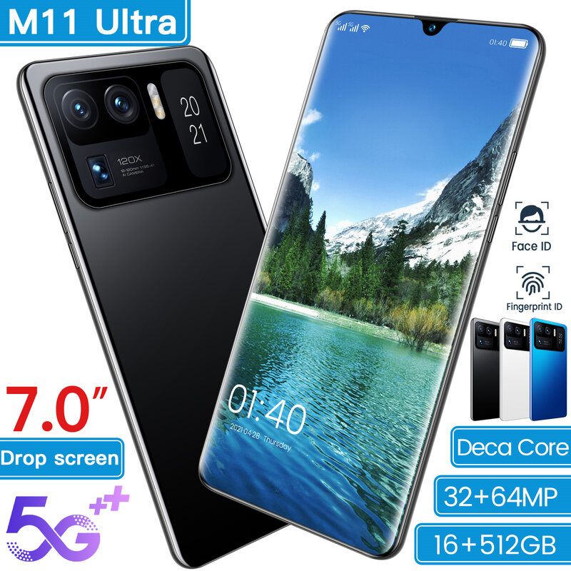 2021 Nieuwe Versie 7.0 "M11 Ultra Echte Telefoon 32MP + 64MP 16 + 512Gb MT6893 10 Core 7200mah Android 11 Global Smartphones 5G Celulares