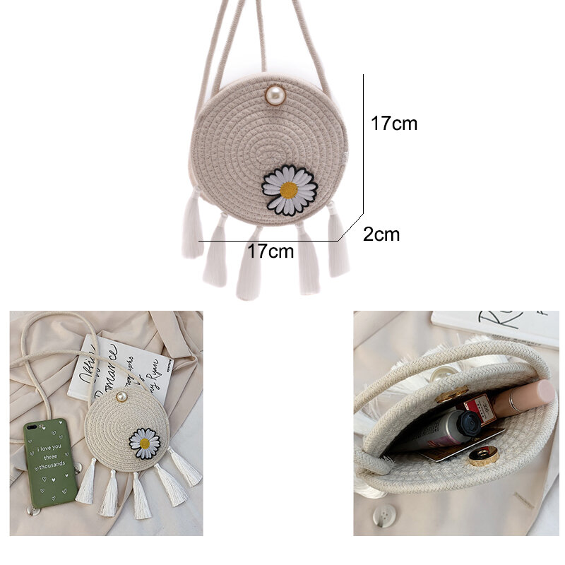 Women Shoulder Bag Mini Tote Round Straw Crossbody Bag With Tassel Summer Beach Bag Straw Purse Round Clutch Embroidery Clutch