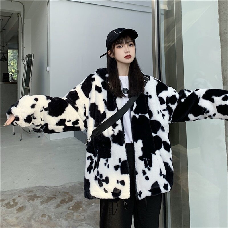 Mantel Mode Baru Musim Dingin Korea Harajuku Sapi Cetak Longgar Lengan Penuh Jaket Kulit Flanel Antik Tetap Hangat Pakaian Katun