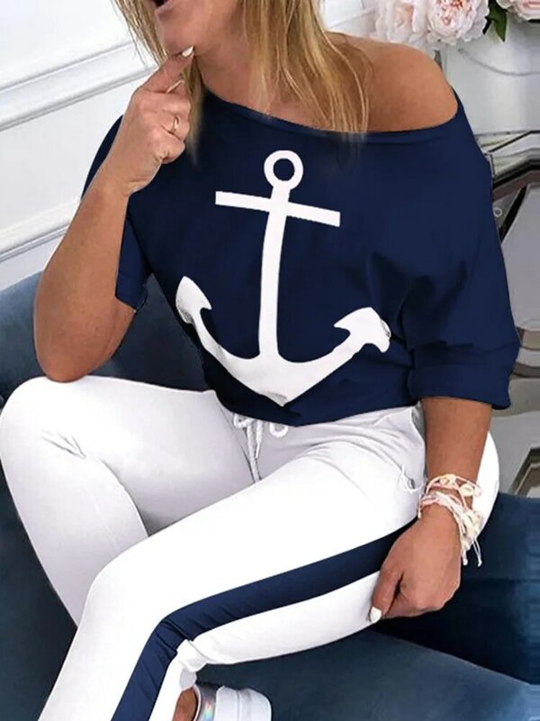 ヨーロッパとアメリカのレジャー海軍アンカー印刷ツーピースファッションoネック半袖tシャツとパンツの女性のスーツ