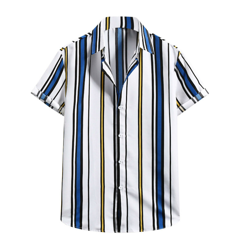 61 # männer Kleidung Casual Gestreiften Gedruckt Lose Männer T Shirt 2021 Mode Hawaiian Kurzarm Shirt Top Bluse Sommer ropa Hombre