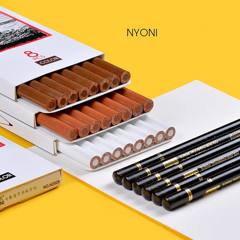 NYONI 8PCS สี Charcoal Sketch ดินสอ Professional สีขาว/สีน้ำตาลคาร์บอนดินสอสำหรับวาดร่างเครื่องมืออุปกรณ์ศิลปะ
