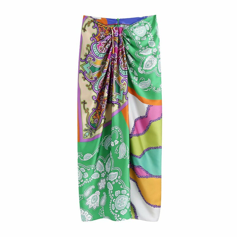 Women Vintage Cloth Patchwork Floral Print Knotted Sarong Skirt Faldas Mujer Female Chic Slim Vestidos Skirt Womens Midi Skirts