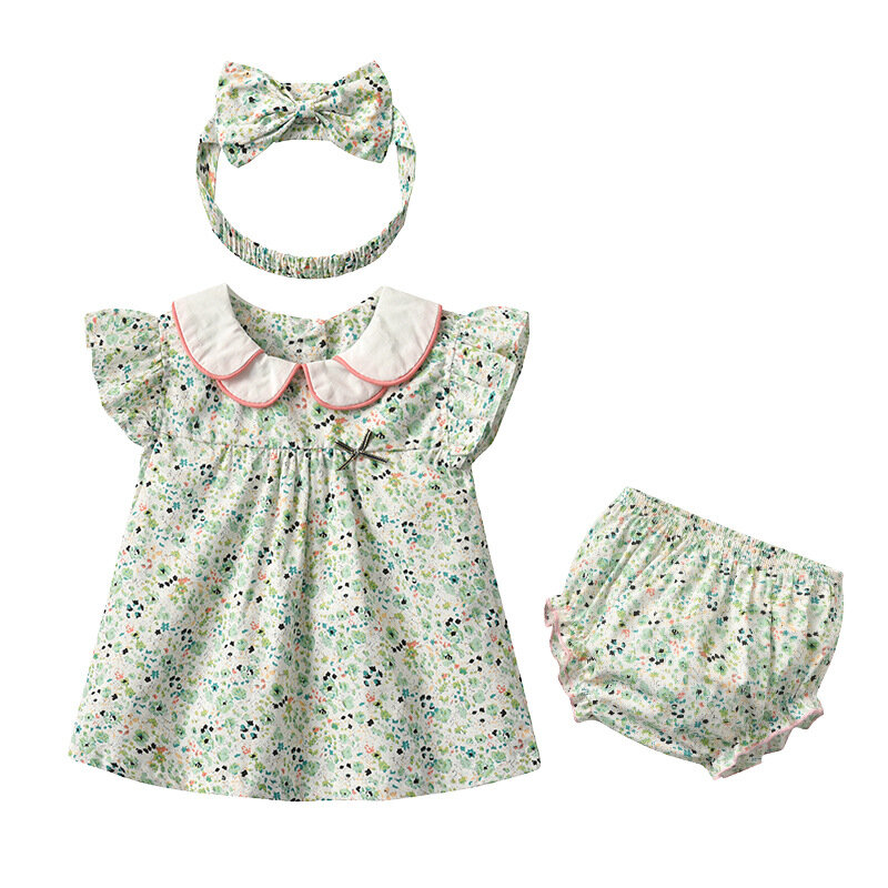 Traje infantil de verão, traje para crianças, vestido de bebê de algodão com lapela floral, saia adorável de princesa