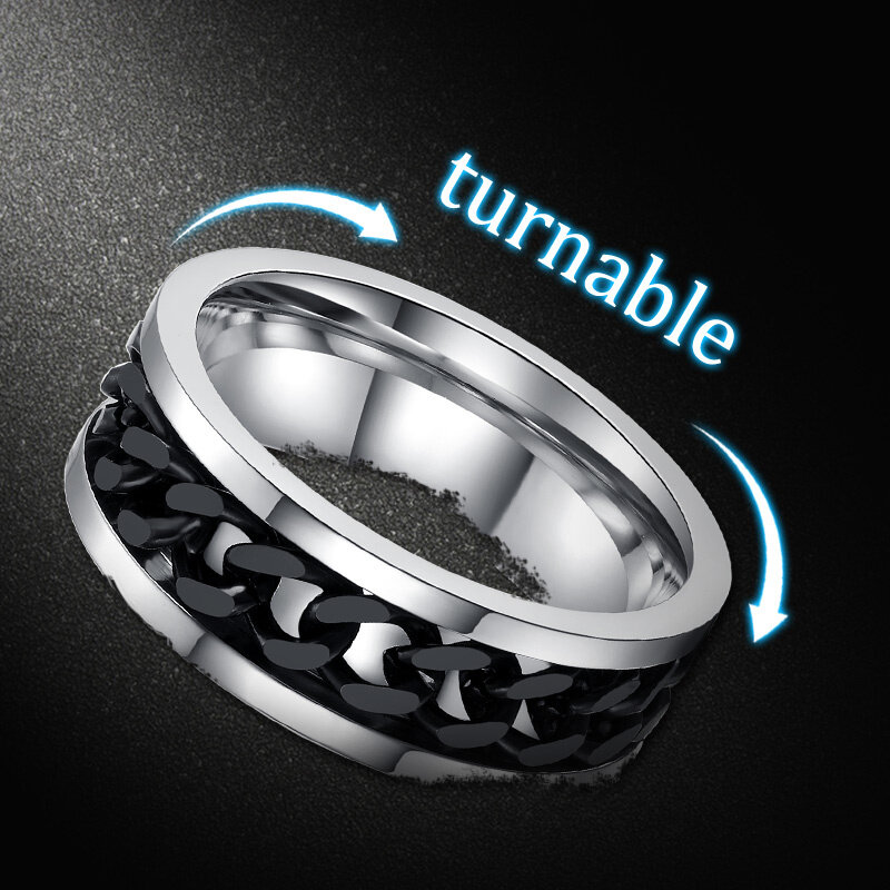 Vnox Spinner Black Chain Ring for Men Punk Titanium Steel Metal Finger Jewelry