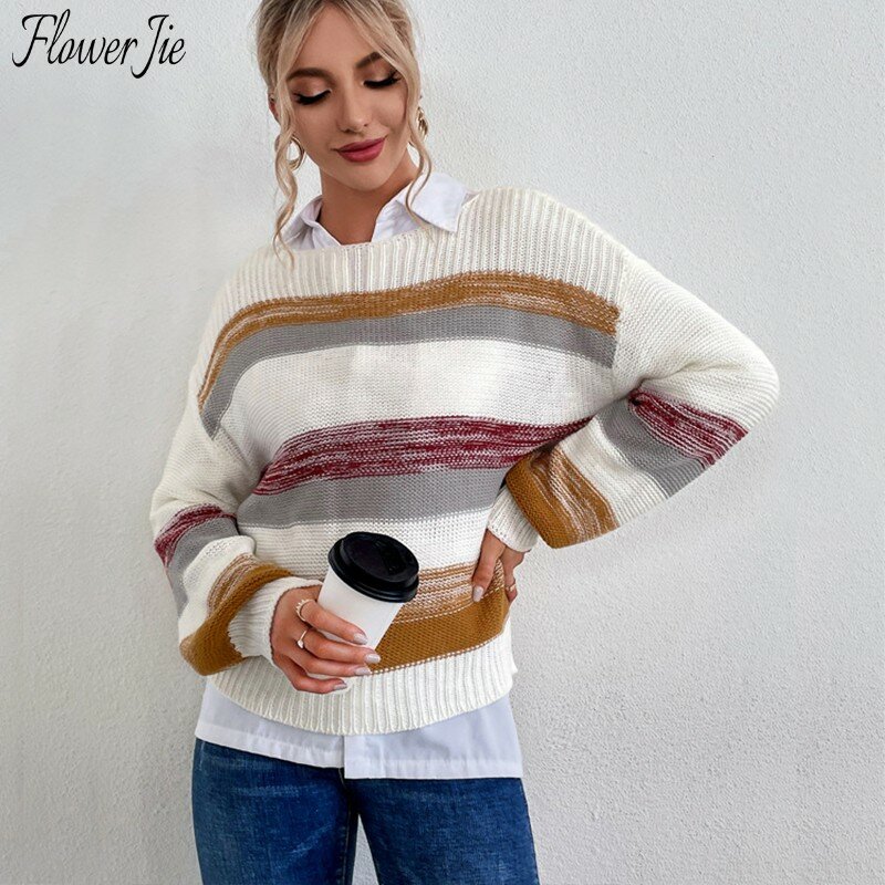 Jie – pull tricoté à manches longues pour Femme, Streetwear, ample, Sexy, rayé, automne, hiver