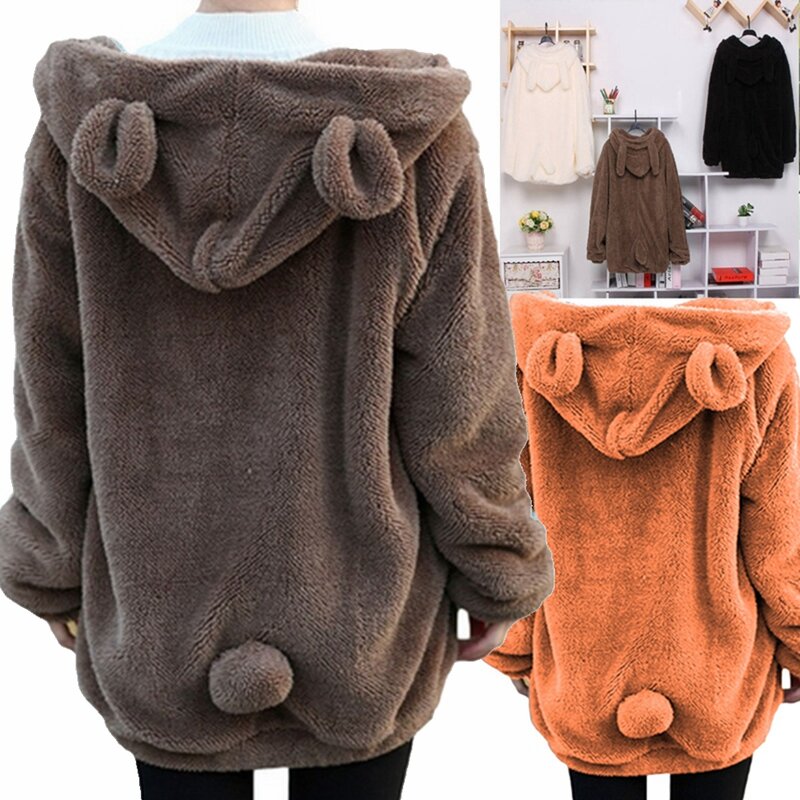 ZOGAA-chaqueta con capucha de orejas de oso, abrigo de felpa suave y cálido con cremallera, chaqueta con capucha de imitación de piel de conejo, talla 3XL
