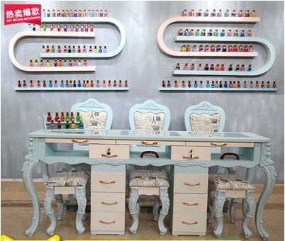 Netto Rode Manicure Tafel Blauw Enkele Dubbele Lak Europese Retro Manicure Tafel En Stoel Set