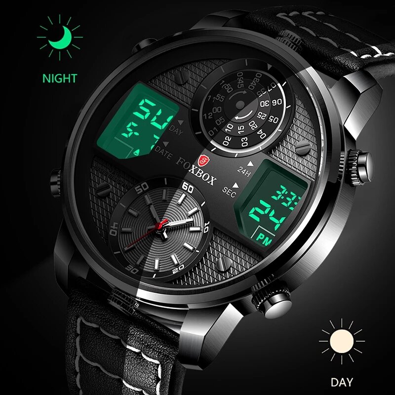 LIGE – montre-bracelet étanche en cuir pour hommes, grand cadran, mode, double affichage, Sport, numérique, Quartz, 2022