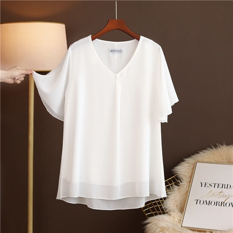 2021 New Summer Tops 6XL Oversized Women Blouses Solid Casual V-Neck Chiffon Blouses Loose Plus Size Shirt Tops Fashion Clothes