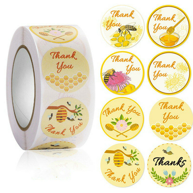 500Pcs Honey Bee Dank U Stickers Decor Thanksgiving Dag Cirkel Roll Seal Label Chrome Papier Bruiloft Kleine Relatiegeschenk tag