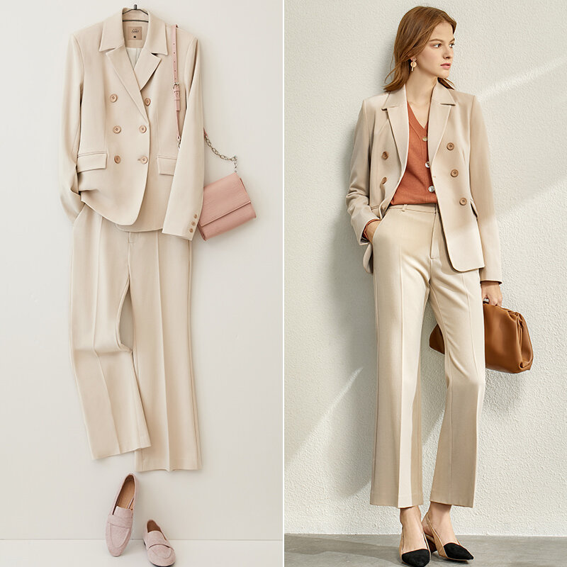 Amii-conjunto de terno minimalista moda outono com lapela, calças, casaco feminino, cintura alta, nas cores sólida, 12070889