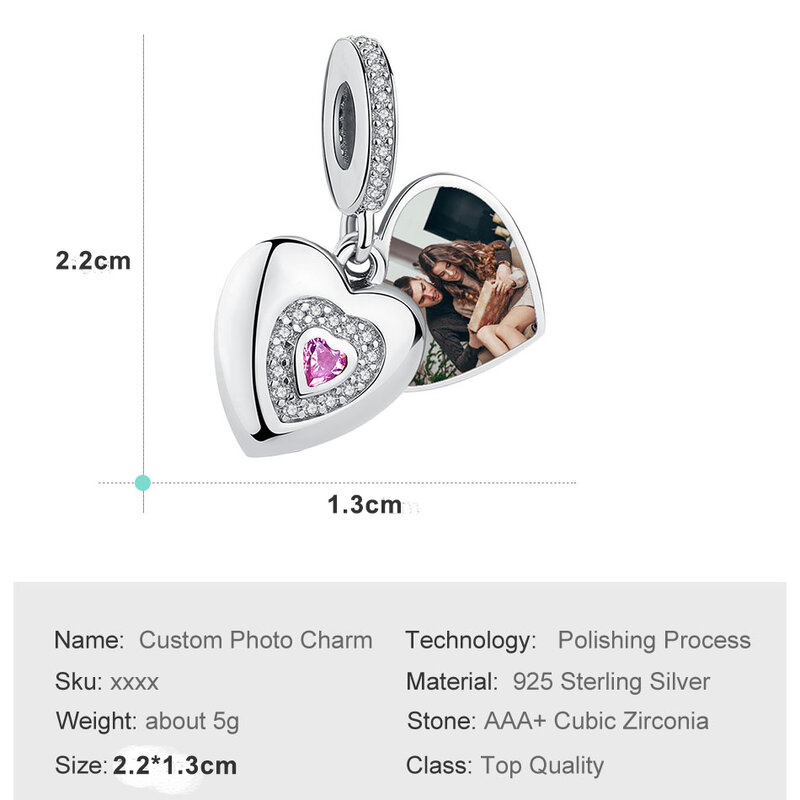 Personalizado personalizado foto coração grânulos 925 prata esterlina balançar encantos caber pulseira original feminino diy jóias presente de memória