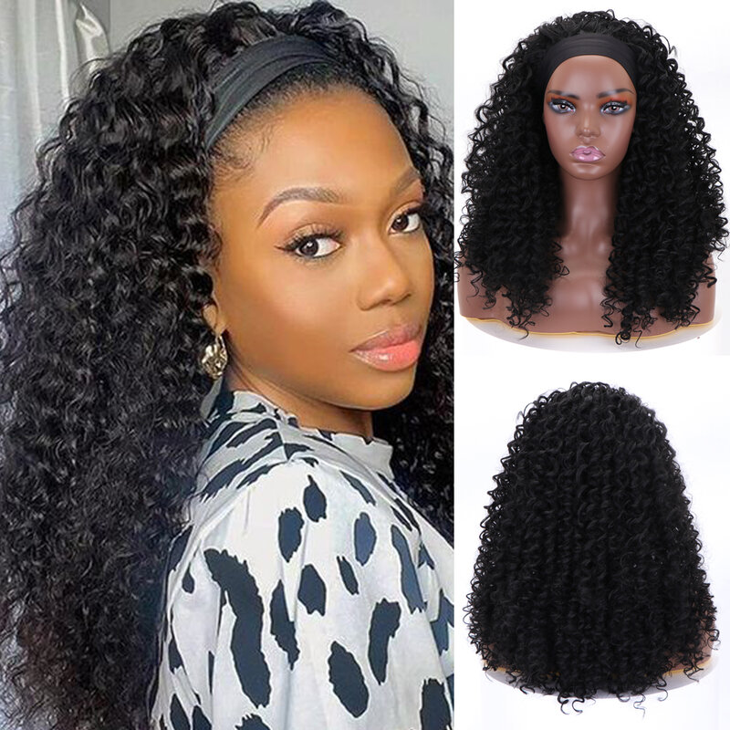 Junsi longo sintético afro encaracolado bandana perucas máquina cheia feita peruca de cabelo sintético para as mulheres peruca diária com bandana