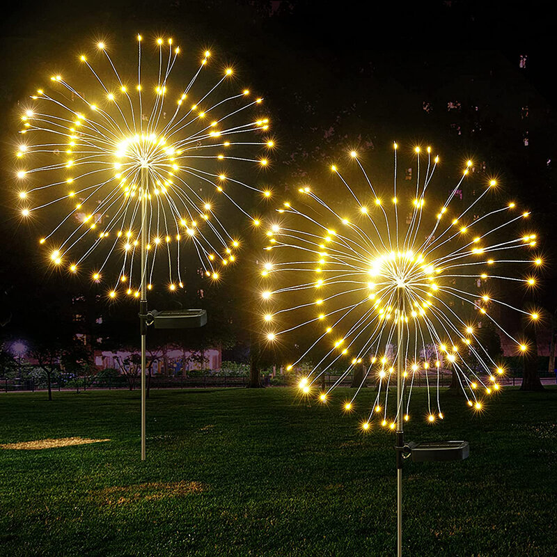 Diy brilho string luzes à prova ddiy água solar fogo de artifício luzes led ao ar livre para jardim gramado paisagem férias luzes de natal