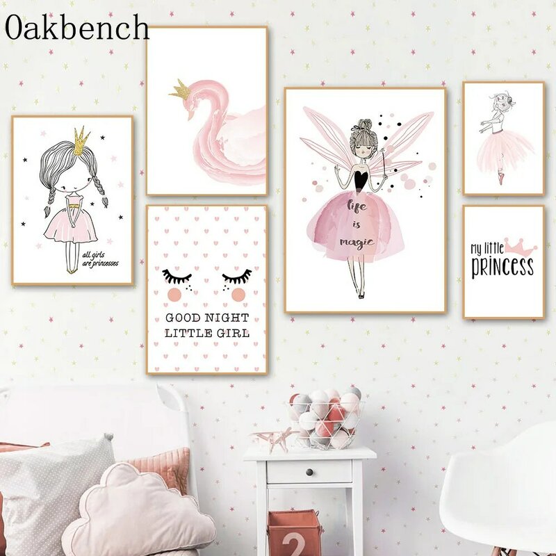 Настенные плакаты розового цвета с изображением балерины и девушки, постеры на холсте с лебедями, медведем, Кроликом, скандинавский Настенн...