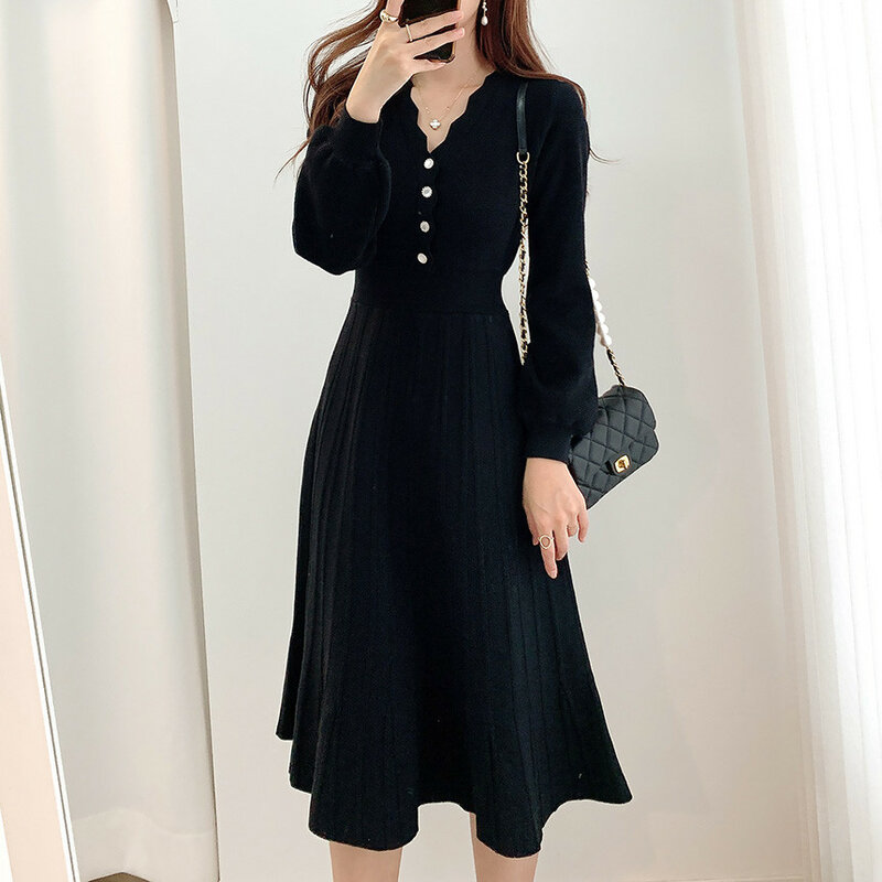 Hebe & Eos-Vestido de punto para mujer, vestido elegante Vintage liso de manga larga, vestidos por debajo de la rodilla, otoño 2021