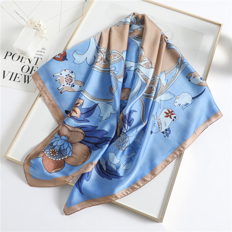 Lenço quadrado de seda de cetim de impressão floral feminino hijab bandana wrap xale muçulmano bandana moda neckerchief silenciador foulard 90cm