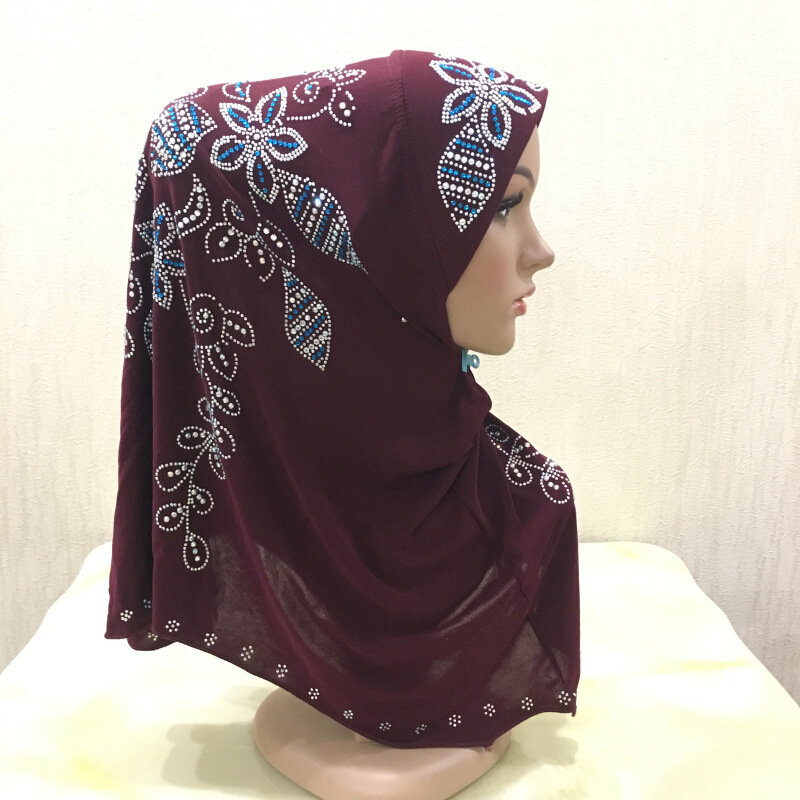 공작 꼬리 모조 다이아몬드기도 이슬람교 즉시 Hijab 스카프 여자 이슬람교 말레이시아 단단한 Headscarf 모자 Amila Bandana 최고 목도리