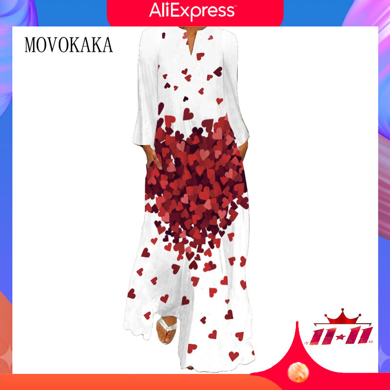 Movokaka 3d coração imprimir manga longa primavera outono vestido 2021 branco praia casual vestidos longos mulher elegante menina respirável vestido