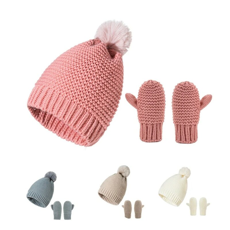 Conjunto de dos piezas de gorro y guantes de bola esponjosos para niños, gorros de lana de punto cálidos a la moda, accesorios para fotos