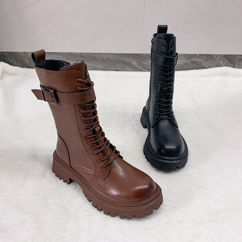 new arrival genuine leather shoes women Motorcycle Boots buckle zip low heels platform shoes woman  boots