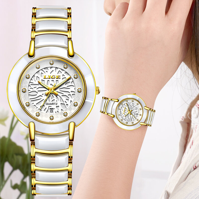2022 LIGE นาฬิกาผู้หญิงเซรามิคนาฬิกาผู้หญิง Diamond นาฬิกาแฟชั่นดูกีฬากันน้ำนาฬิกาข้อมือ Relogio Feminino