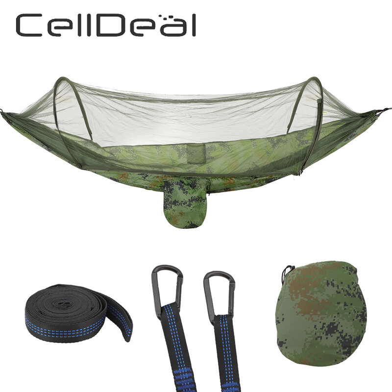 Hamaca para acampar al aire libre con mosquitera Pop-Up portátil de alta resistencia, tela de paracaídas, columpio colgante, hamacas para acampar