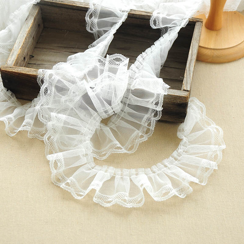 1M Pleated Guipure Embroidery Lace Fabric 7cm Mesh Tulle Lace Ribbon Trim Sewing White Lace Fabric For Dress Clothes Crafts PQ1