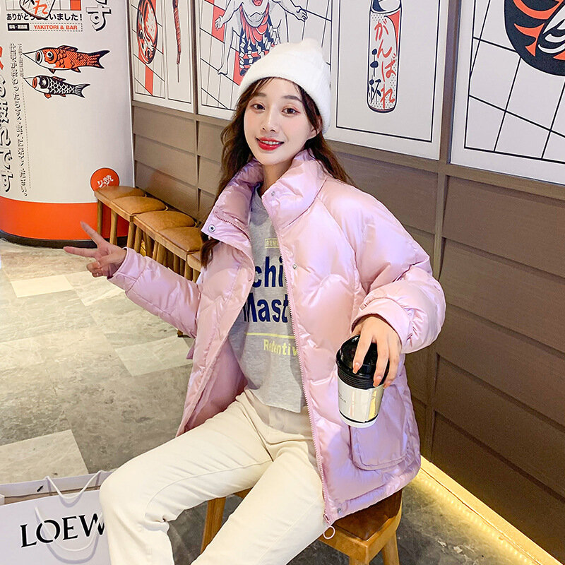 Abrigo holgado y cálido de estilo coreano para mujer, Chaqueta corta bordada con cuello alto, brillante, invierno, 2021