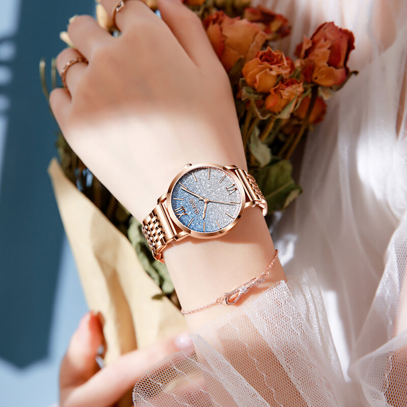 Moda damska zegarki luksusowe marki wodoodporne różowe złoto ze stali nierdzewnej Starry Sky zegarek kwarcowy Iced Out w stylu Casual, damska