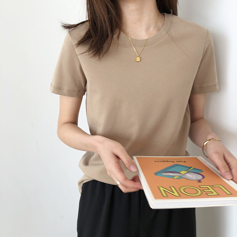 Camiseta lisa de manga corta de Color sólido para mujer, camiseta de Base elástica de algodón para mujer, Top informal de manga corta