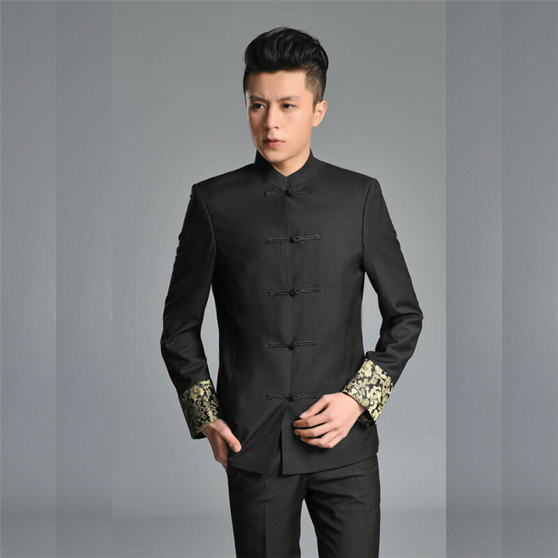 Chinese style wedding groom Tang suits male stand collar tunic Clothing slim spring autumn Chinese Traditional Zhong Shan Suit