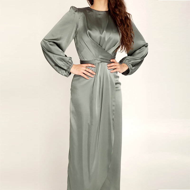 Abaya wrap frente vestido de manga longa satinlike cor sólida fenda para a cintura vestido longo feminino dubai turquia moda elegante wear