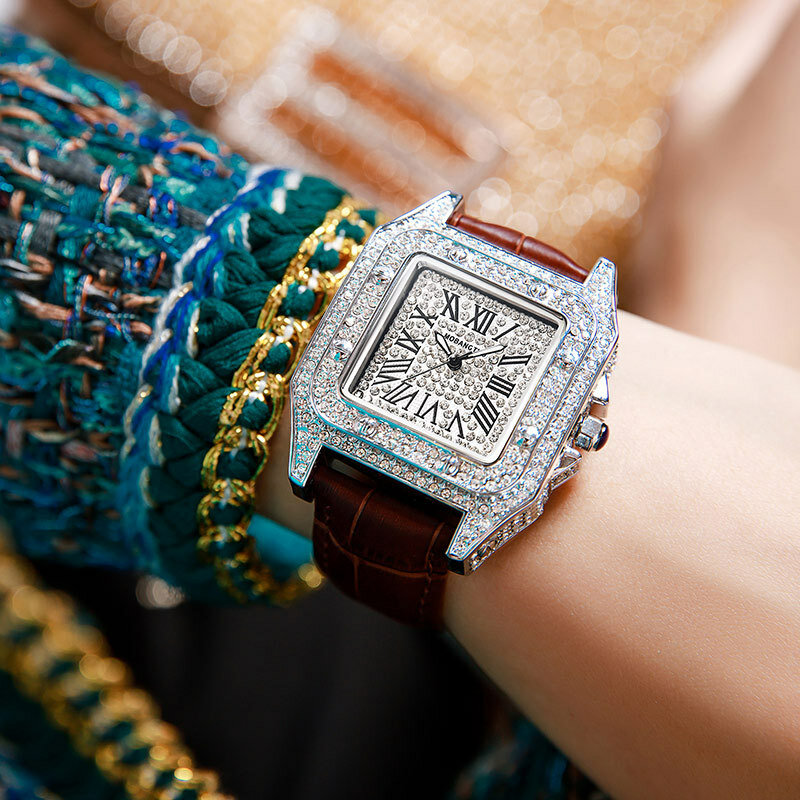 Relógio de pulso para mulheres totalmente diamante relógio quadrado feminino de marca de luxo relógios retrô roma balança relógio feminino
