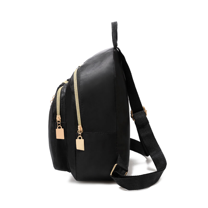 Женский простой Однотонный черный нейлоновый водонепроницаемый рюкзак с тремя молниями, маленький Легкий Прочный Школьный Рюкзак Для учен...