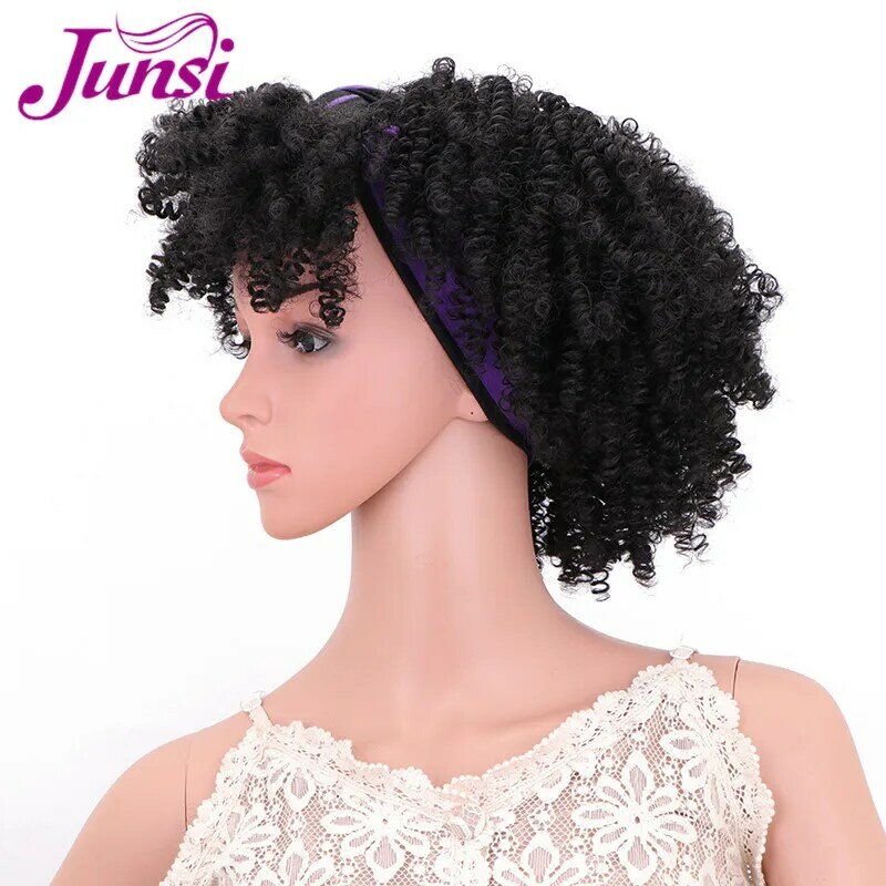 JUNSI Afro Puff Turban peruka syntetyczna krótkie perwersyjne kręcone Headwrap sznurkiem Wrap peruka chusta na głowę peruka dla afroamerykanów