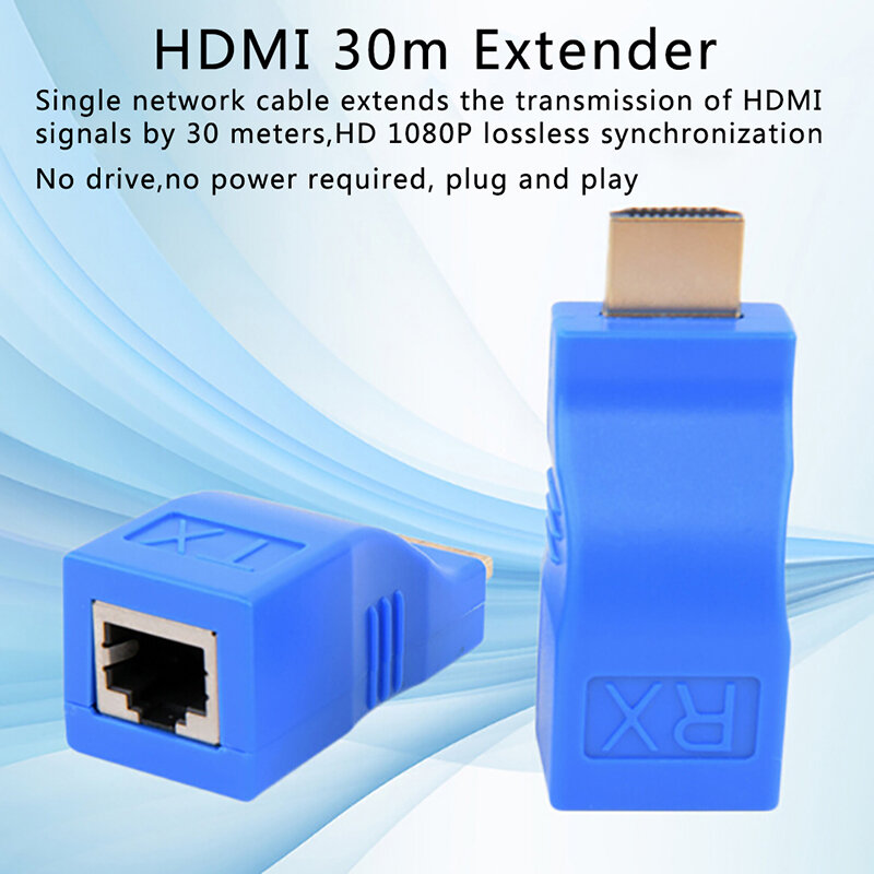2Pcs ABS โลหะ1080P HDMI Extender RJ45 Cat 5e/6เครือข่าย LAN Ethernet อะแดปเตอร์สีฟ้า30เมตร