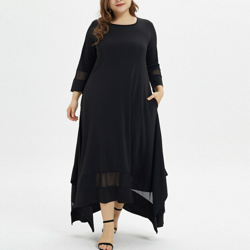 Gaun Panjang Muslim Lengan Tiga Perempat Leher O Solid Ukuran Plus Wanita Fashion Gaun Panjang Maxi Musim Panas Wanita Kasual Vestidos