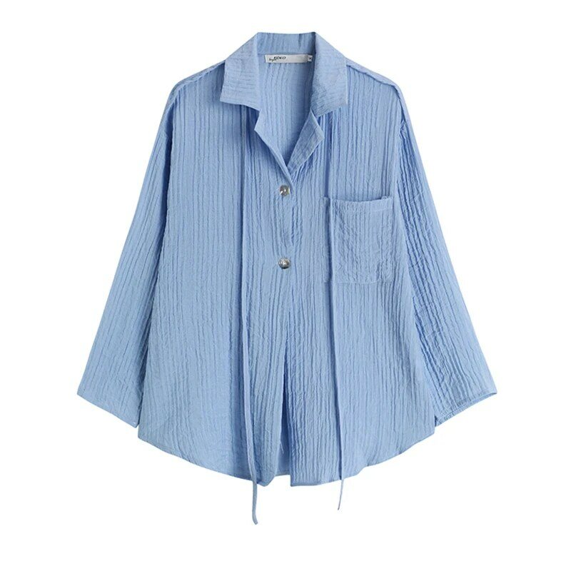 Polo colarinho solto manga longa blusa azul protetor solar camisa feminina primavera e outono novo cardigan plissado textur branco topo feminino