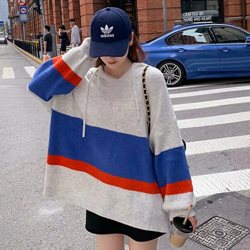 Джемпер ZOTTSOZ женский с капюшоном, повседневный трикотажный Свободный пуловер в полоску, в Корейском стиле, модная одежда в стиле Харадзюку, ...