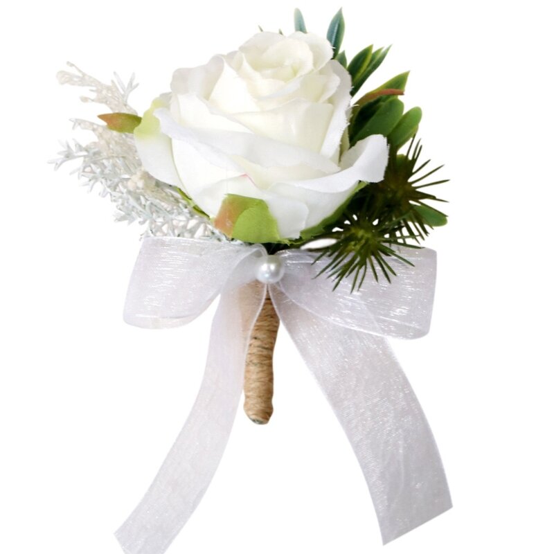 Gading Rose Boutonniere Groom Pengiring Pria Putih Pesta Pernikahan Prom Bridal Shower Rose Gelang Pergelangan Tangan untuk Pengiring Pengantin