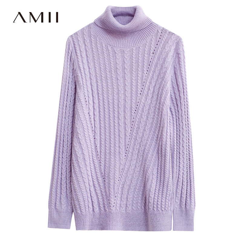 Amii минимализм осень зима винтажный женский свитер Повседневный однотонный свободный женский свитер с высоким воротом женские топы 12070682