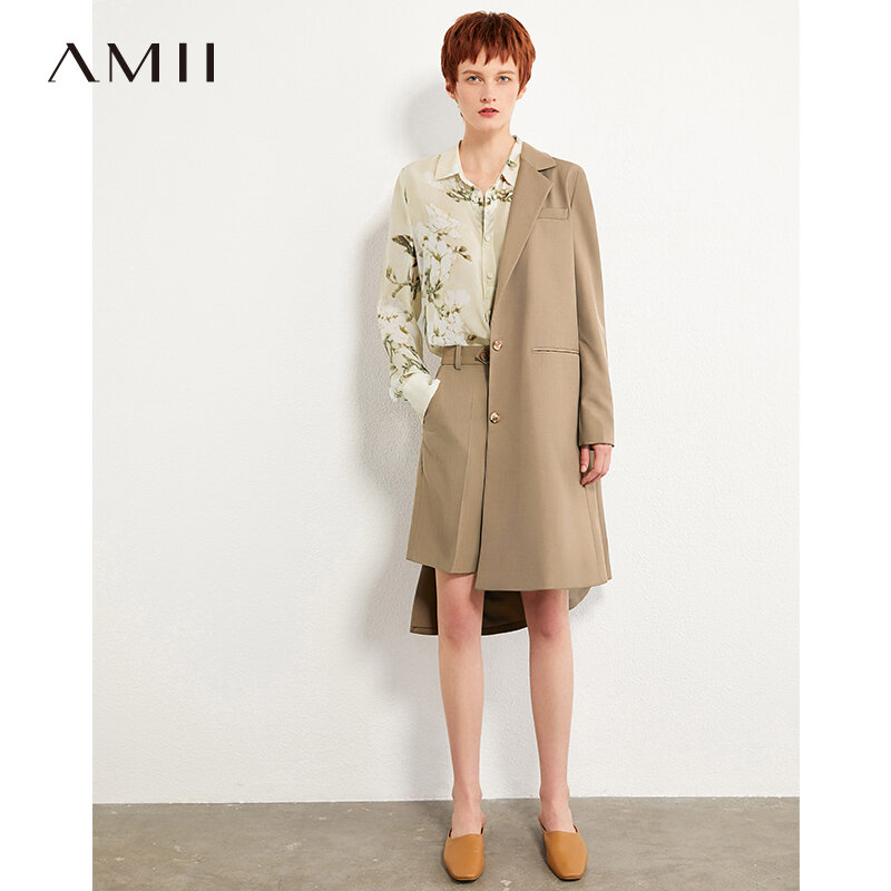 Amii-conjunto de terno minimalista feminino, moda outono, cor sólida, lapela, botão longo com cintura alta, na altura do joelho, 12030278