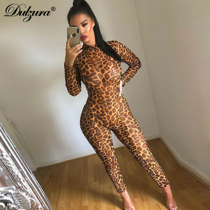 Bulzura transparente estampa de leopardo, sexy mulheres inverno 2019 macacão longo de malha roupas de festa