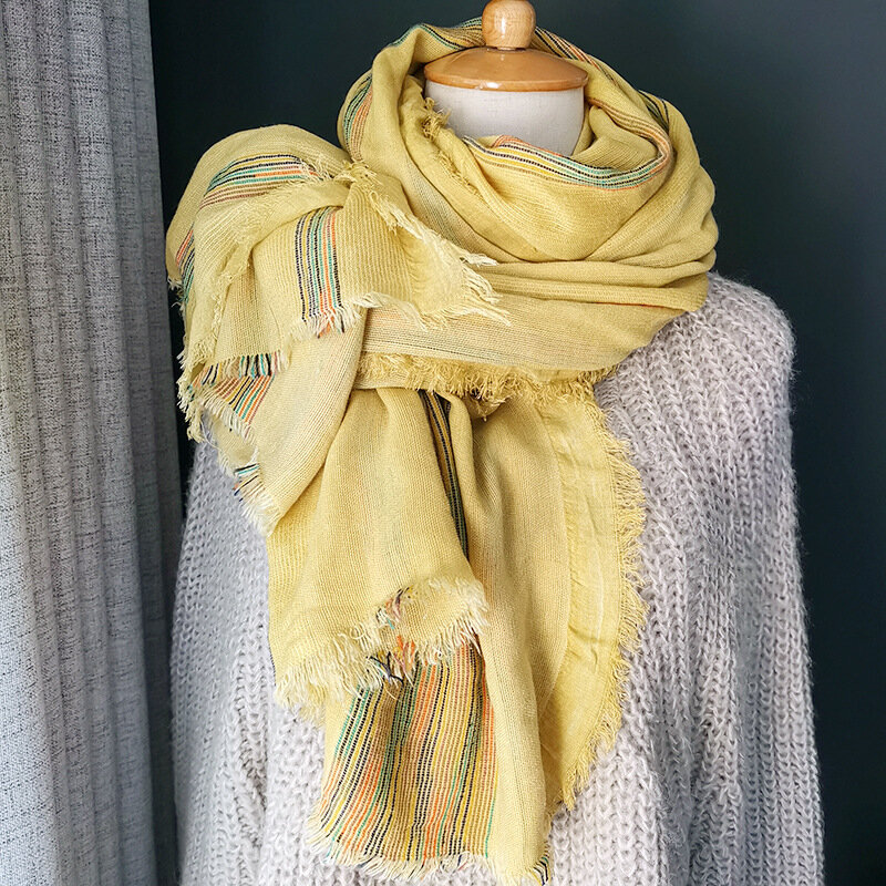 Cotton And Hemp Scarf Autumn And Winter New Pure Color Striped Pleated Dirty Dye Splicing Long Lovers Lady Shawl