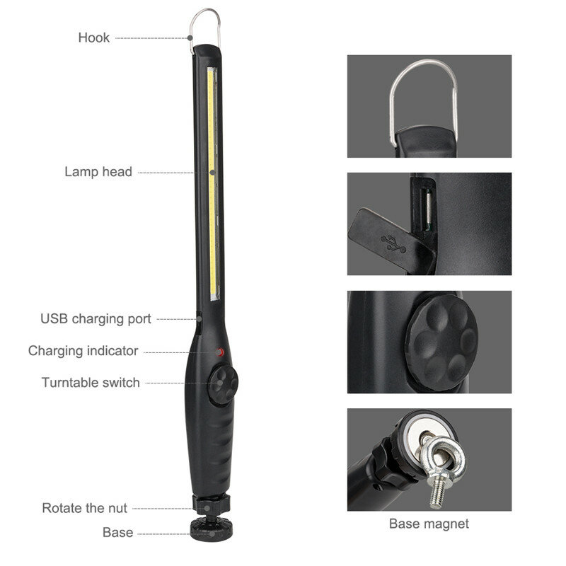 USB Recarregável COB LED Luz de Trabalho, Tocha, 1 * COB Light Strip, Lanterna Led, Touchable Night Lamp, Car Styling Uso