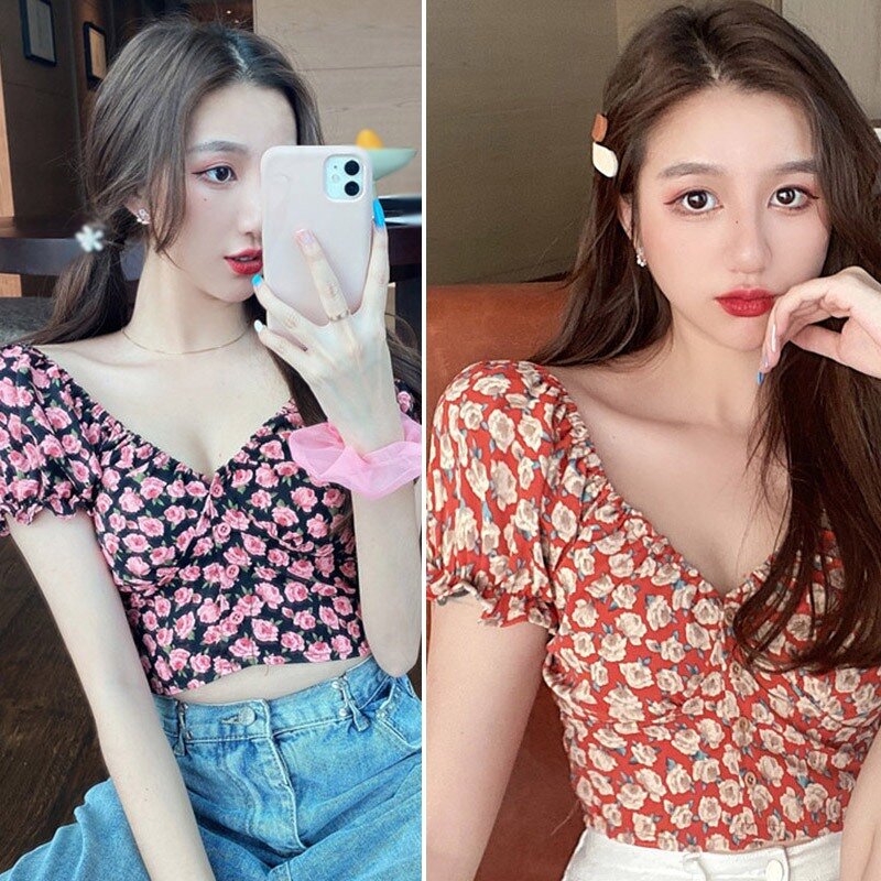 Damska letnia krótka szyfonowa koszula koreańskie kwiatowe dekolt w serek odsłonięta pępka seksowna słodka szyfonowa koszula z krótkim rękawem
